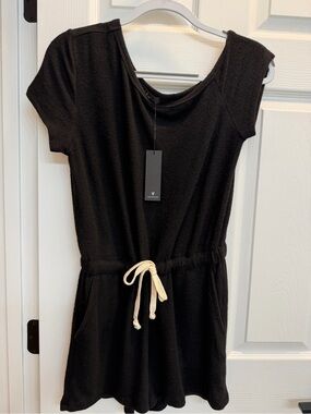 Lulu's Black Short-Sleeve Drawstring Mini Romper